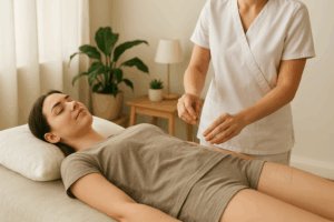 a patient receives acupuncture from a smiling acupuncturist to manage stress and infertility